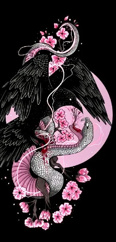 Intricate serpent and floral artwork on a black background wallpaper.