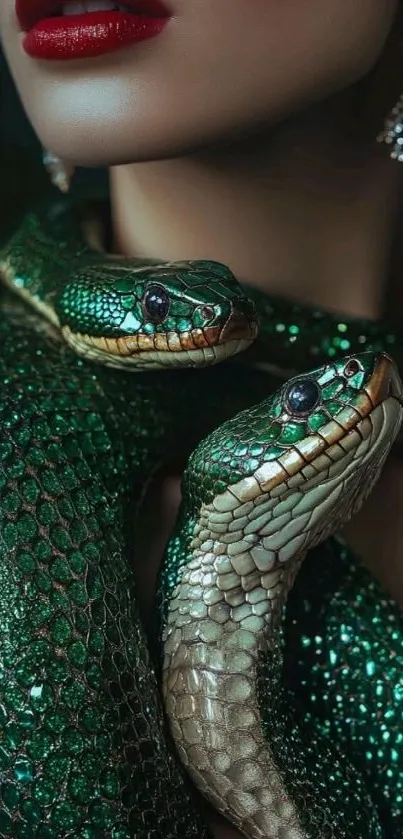 Emerald snakes intertwined with jewelry.