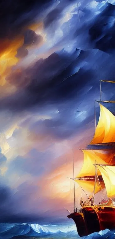 Vibrant ship sails under a dramatic sky in an oceanic scene.