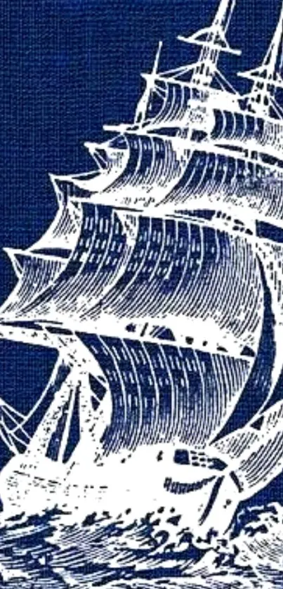 Vintage ship illustration on blue wallpaper.