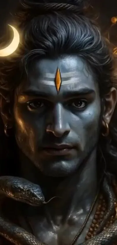 Divine depiction of Lord Shiva with crescent and snake.