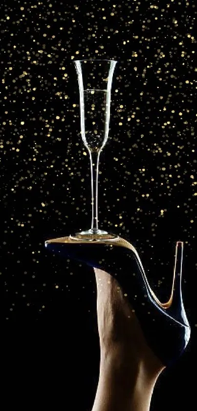 Stiletto heel with champagne glass on dark background.