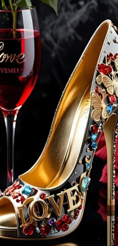 High-heeled shoe with gemstones and a wine glass.