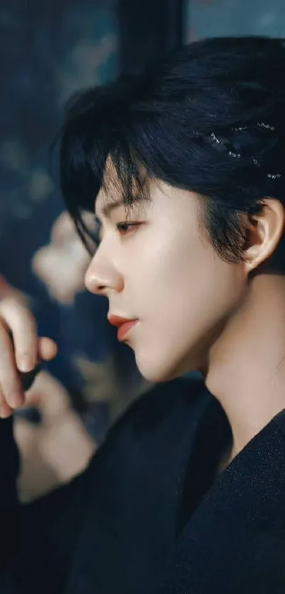 Side profile portrait with dark background.