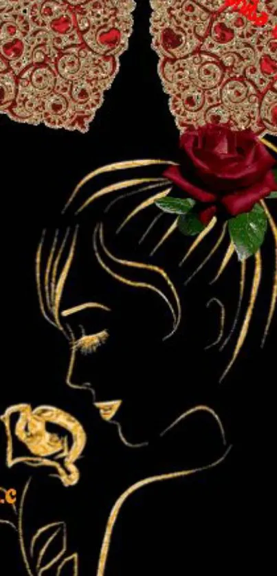 Elegant black silhouette with gold lines and red rose wallpaper.