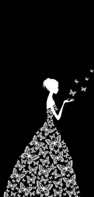 Silhouette of a woman in a dress with butterfly patterns on a black background.