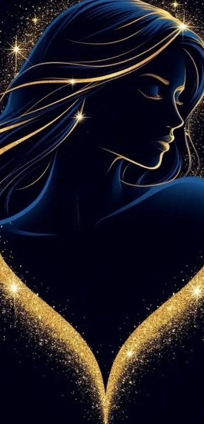 Elegant silhouette against a sparkling golden backdrop on mobile wallpaper.