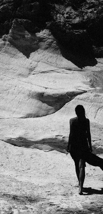 Silhouette against a textured desert background in black and white.