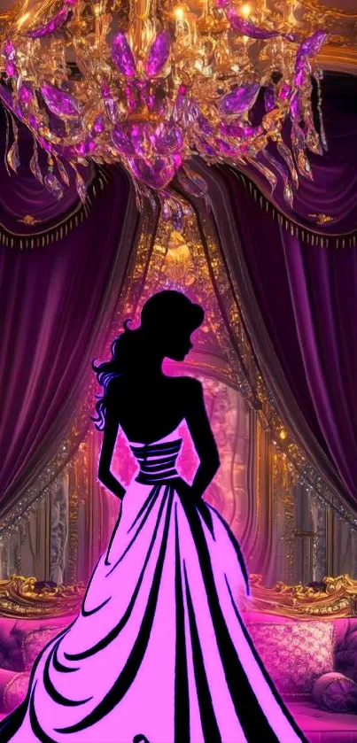 Elegant silhouette in a luxurious room with chandelier and drapery.