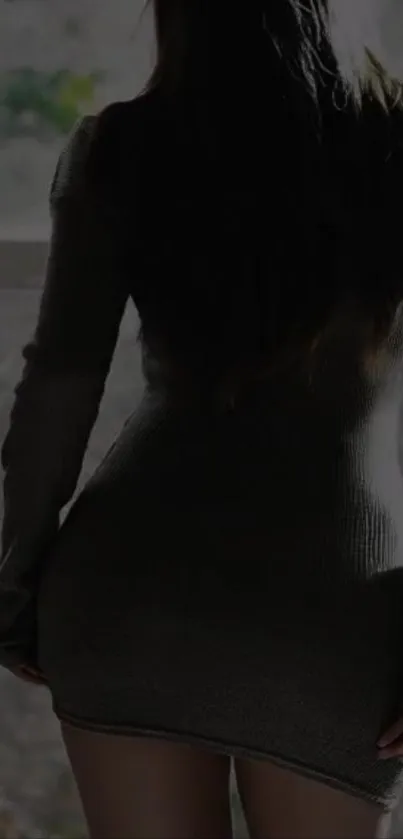 Silhouette of a woman in dark clothing, standing by a window.