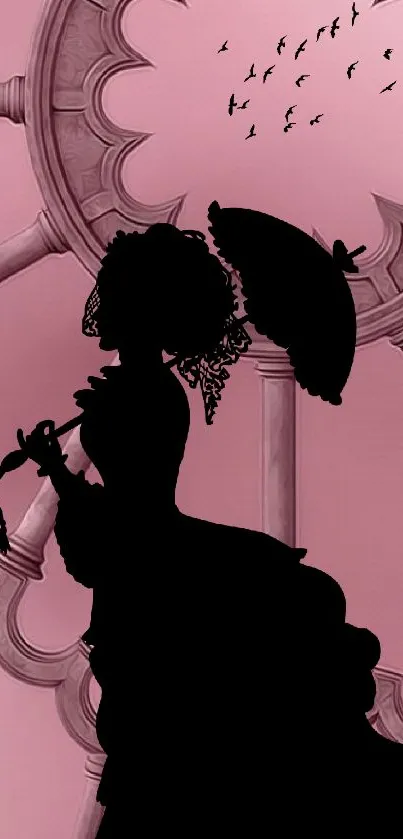 Elegant silhouette against a pink architectural background wallpaper.