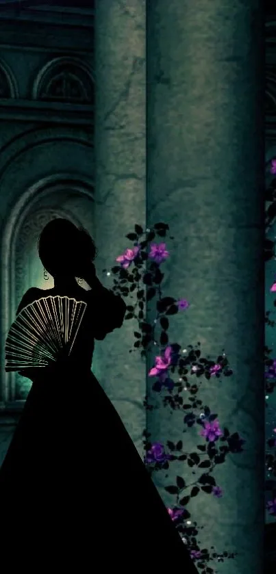 Ornate silhouette with fan and purple flowers in dark teal setting.