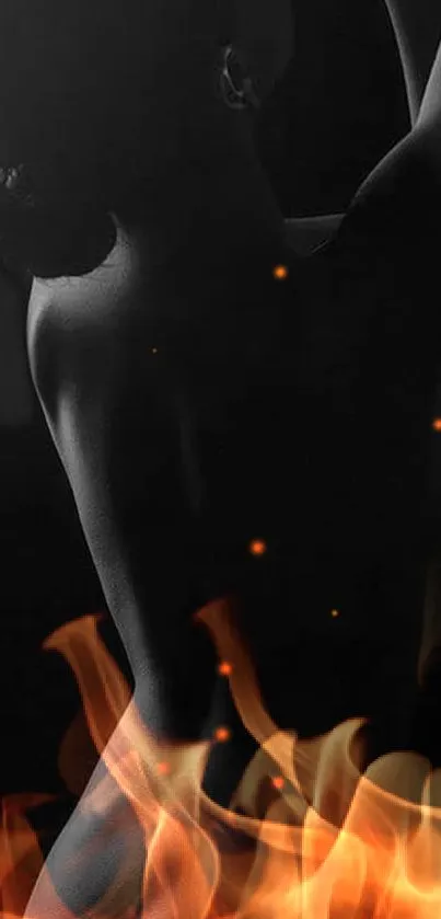 Silhouette of a person with elegant flames on dark background.