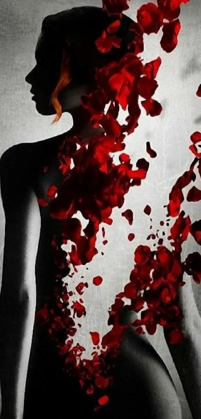 Silhouette with vibrant red petals on abstract background.