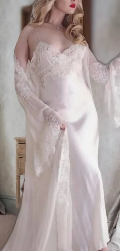 Elegant woman in silk lace gown standing gracefully.