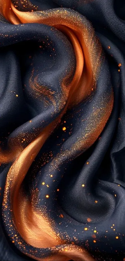 Elegant silk-inspired wallpaper with orange and dark blue hues.