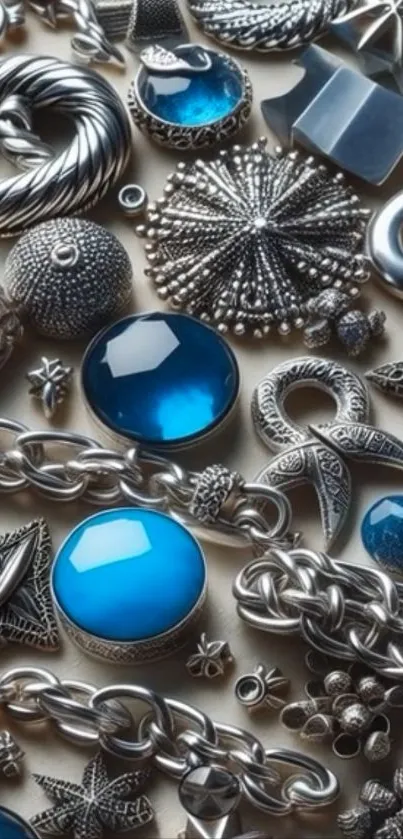 Elegant silver jewelry with blue gemstones on display.