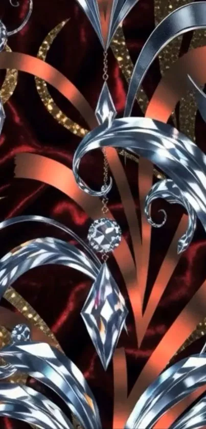 Floral design with silver metallic patterns on red background.