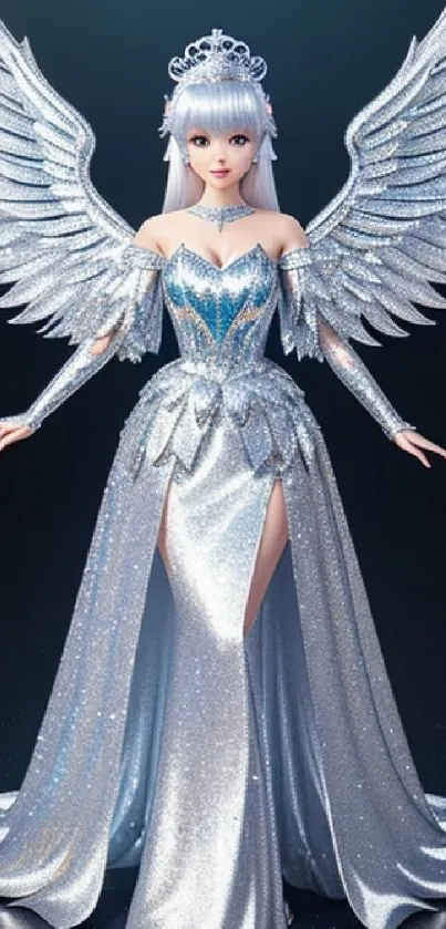 Silver angel with shimmering wings and gown.