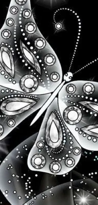 Elegant silver butterfly wallpaper with intricate patterns on a dark background.