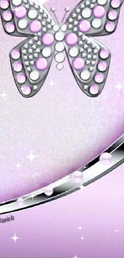 Mobile wallpaper featuring a silver butterfly with pink gemstones on a lavender background.