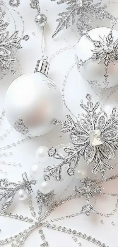 Elegant silver and white Christmas ornaments wallpaper.