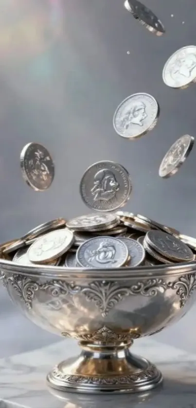 Silver coins elegantly arranged in a decorative antique bowl.