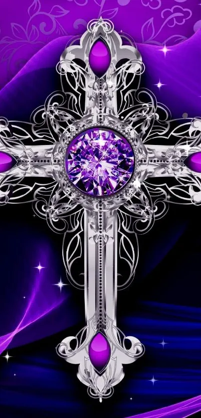 Silver cross with purple gemstone on artistic background.