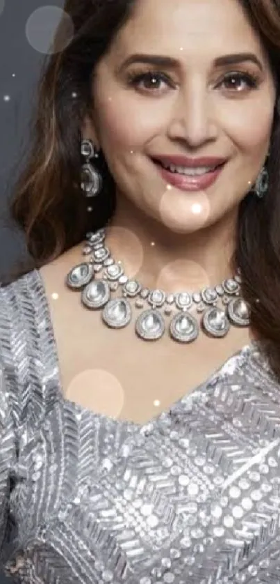 Woman in elegant silver dress with sparkling jewelry.