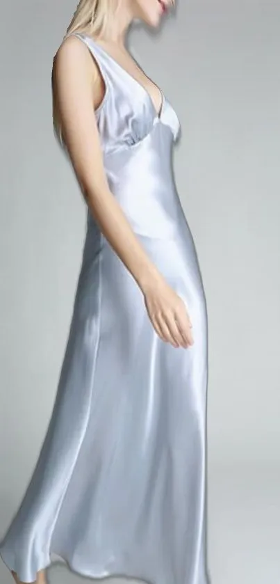 Mobile wallpaper of a woman in a elegant silver satin dress.