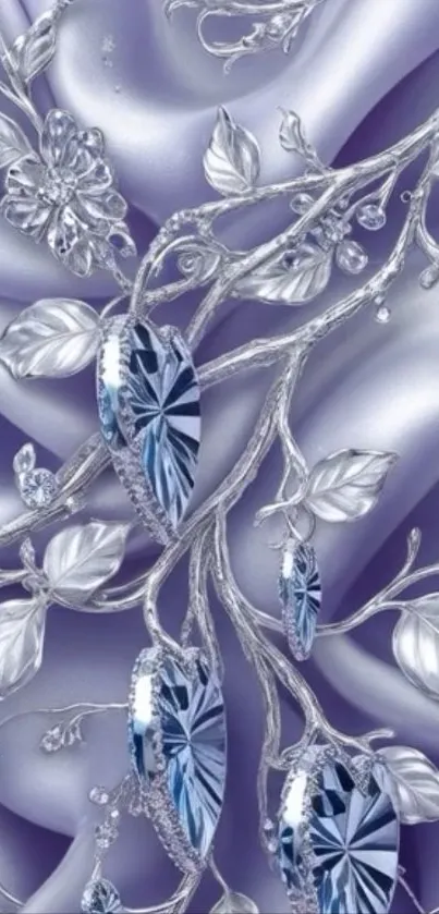 Elegant silver floral wallpaper with blue gems and intricate vine design.