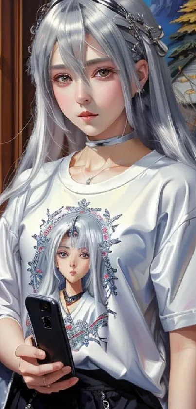 Anime character with silver hair holding a smartphone.