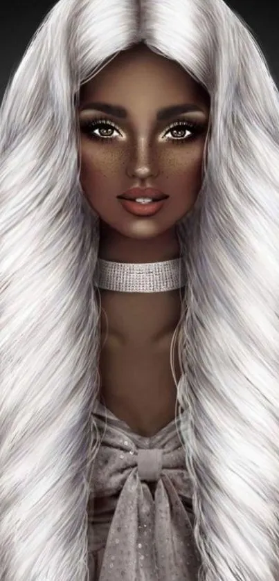 Digital art of a woman with silver hair and a stylish outfit.