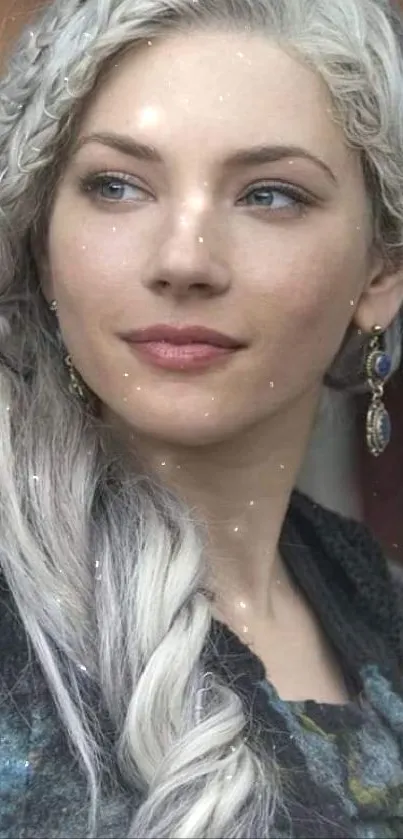 Elegant woman with silver braided hair.