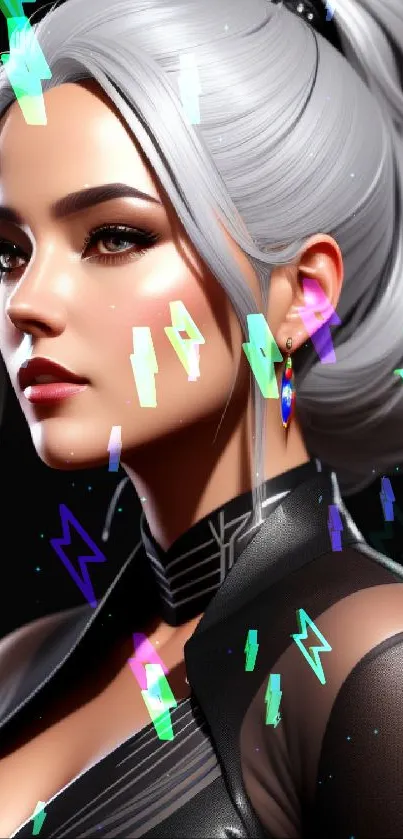 Elegant portrait of a woman with silver hair and colorful earrings on a dark background.