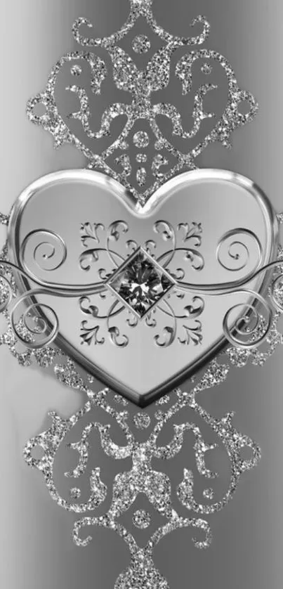 Silver heart wallpaper with intricate, glittering design.