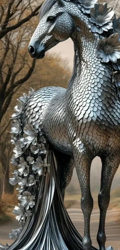 Intricate silver horse with flowers in a mystical forest