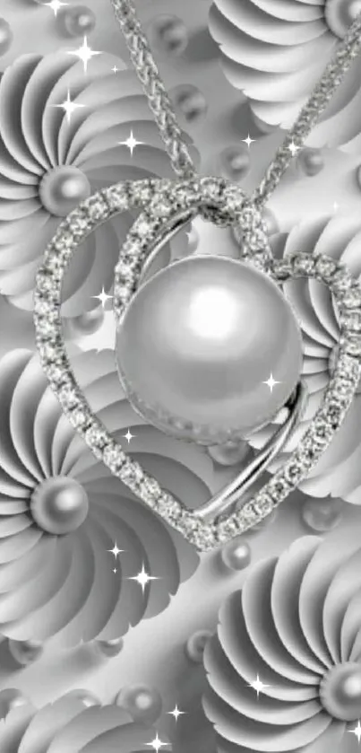 Silver heart pendant with pearl on elegant background.