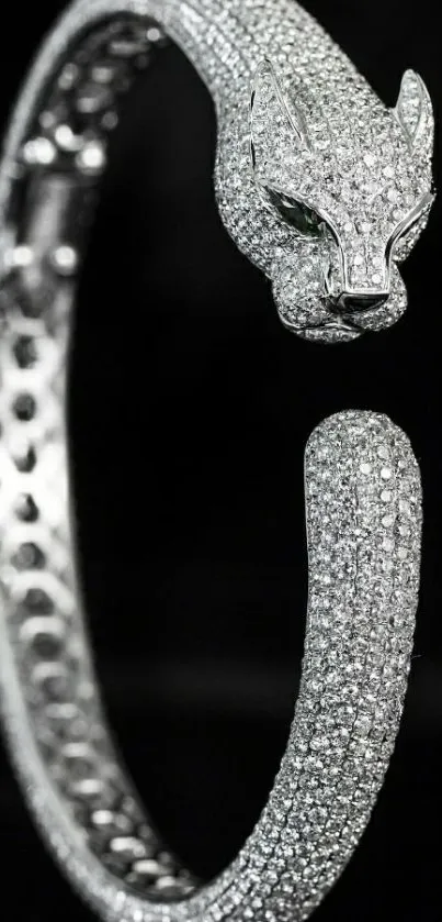 Diamond-encrusted panther bracelet on dark background.