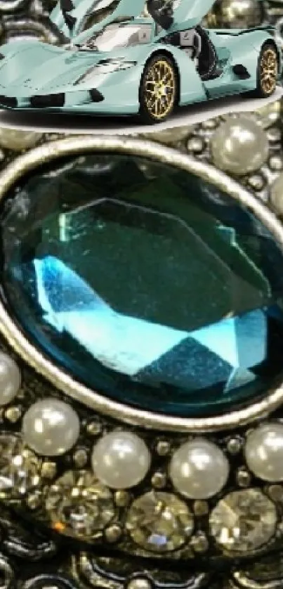 Ornate silver pendant with aquamarine gem on dark blue background.