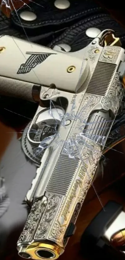 Intricately engraved silver pistol on leather background.