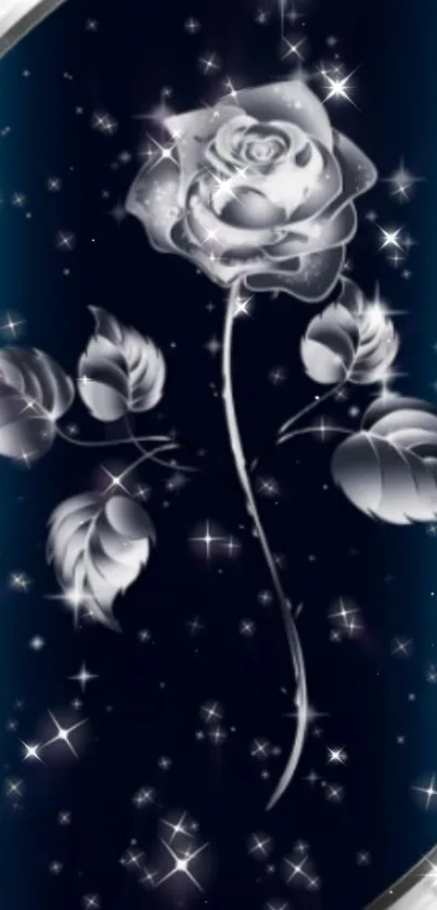 Elegant silver rose on deep blue, starry background wallpaper.