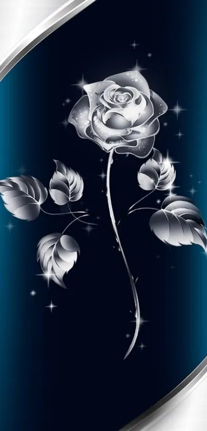 Elegant mobile wallpaper with silver rose on dark blue background.