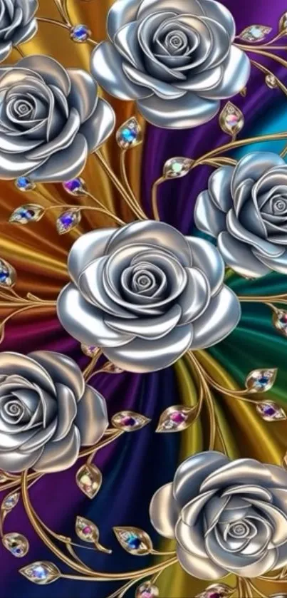 Silver roses with colorful background wallpaper.