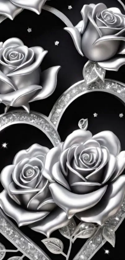Intricate silver roses with heart design on dark background.
