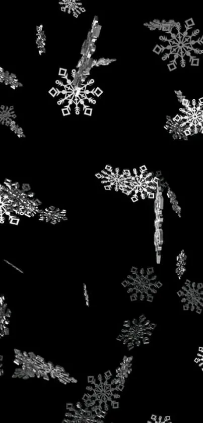 Intricate silver snowflakes on a black background mobile wallpaper.