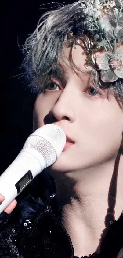 Singer with floral headpiece and microphone.