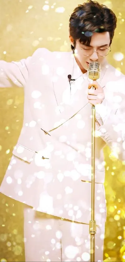 Elegant singer with golden background and vintage microphone.