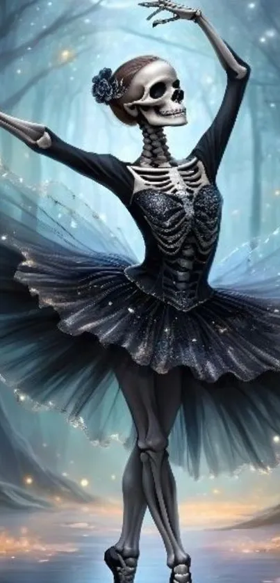 Set against a mystical forest, a skeleton ballerina dances gracefully, blending elegance and gothic art.