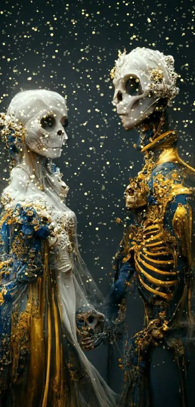 Skeleton couple art with blue and gold detailing on a dark background.